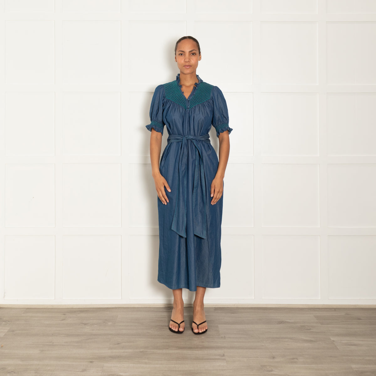Loretta Caponi Denim Blue Turquoise Smocked Detail Belted Maxi Dress