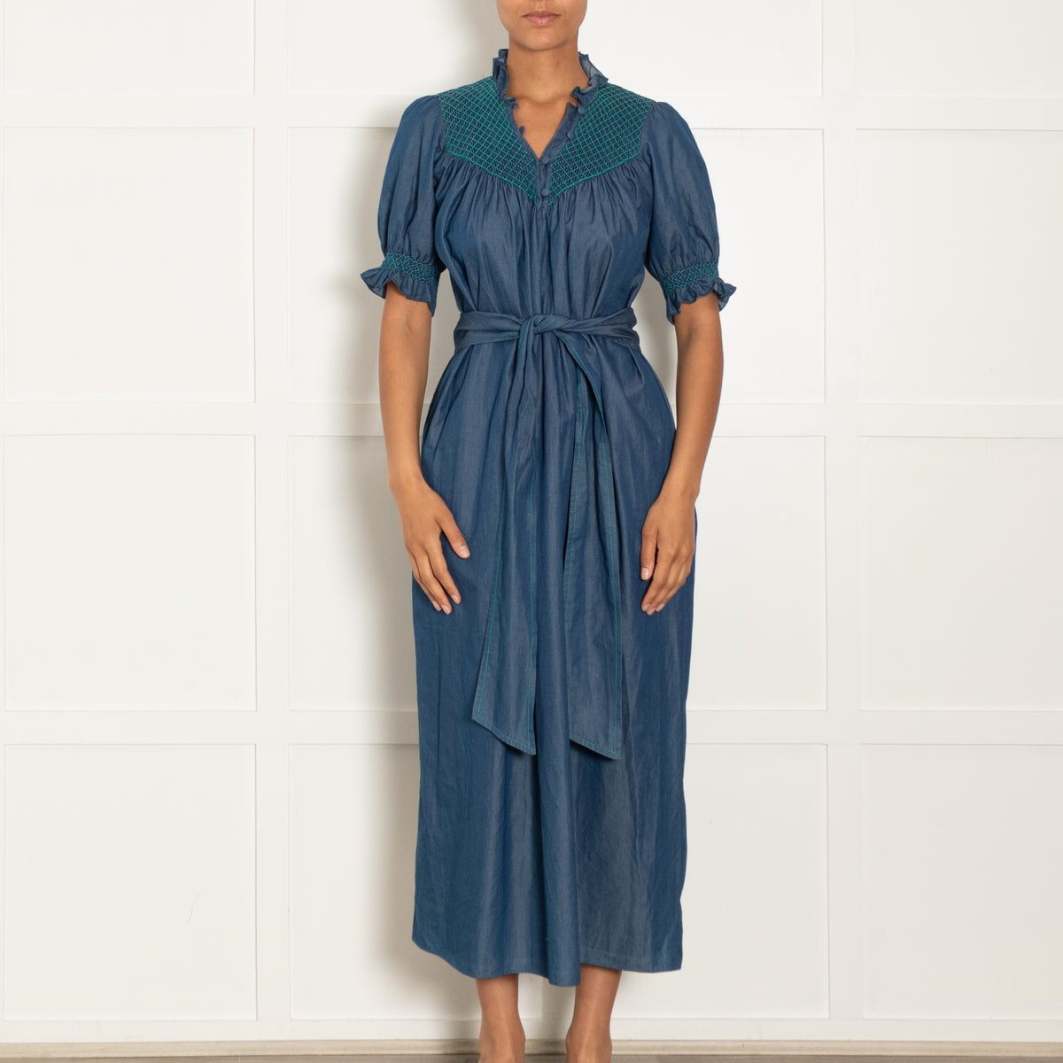 Loretta Caponi Denim Blue Turquoise Smocked Detail Belted Maxi Dress