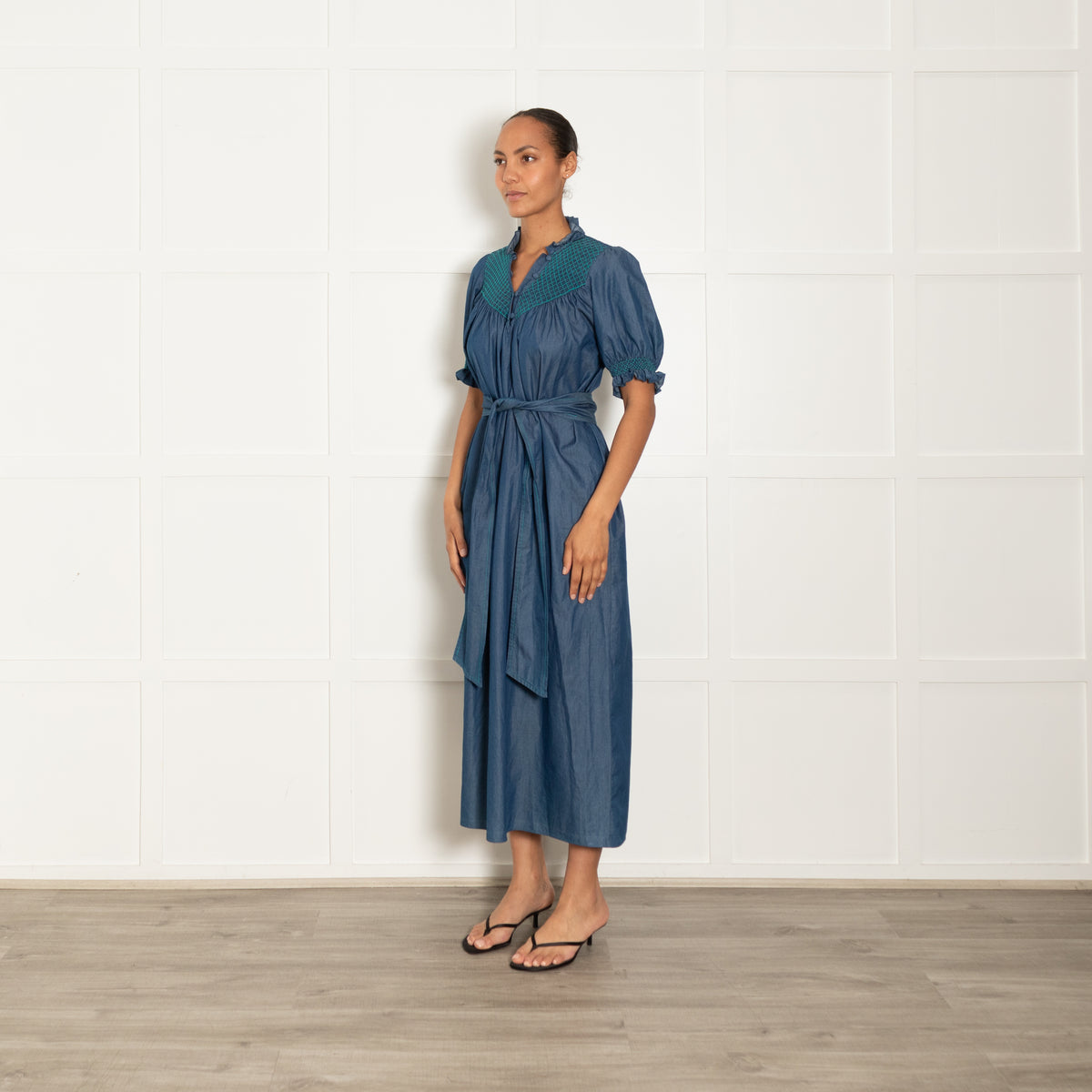 Loretta Caponi Denim Blue Turquoise Smocked Detail Belted Maxi Dress