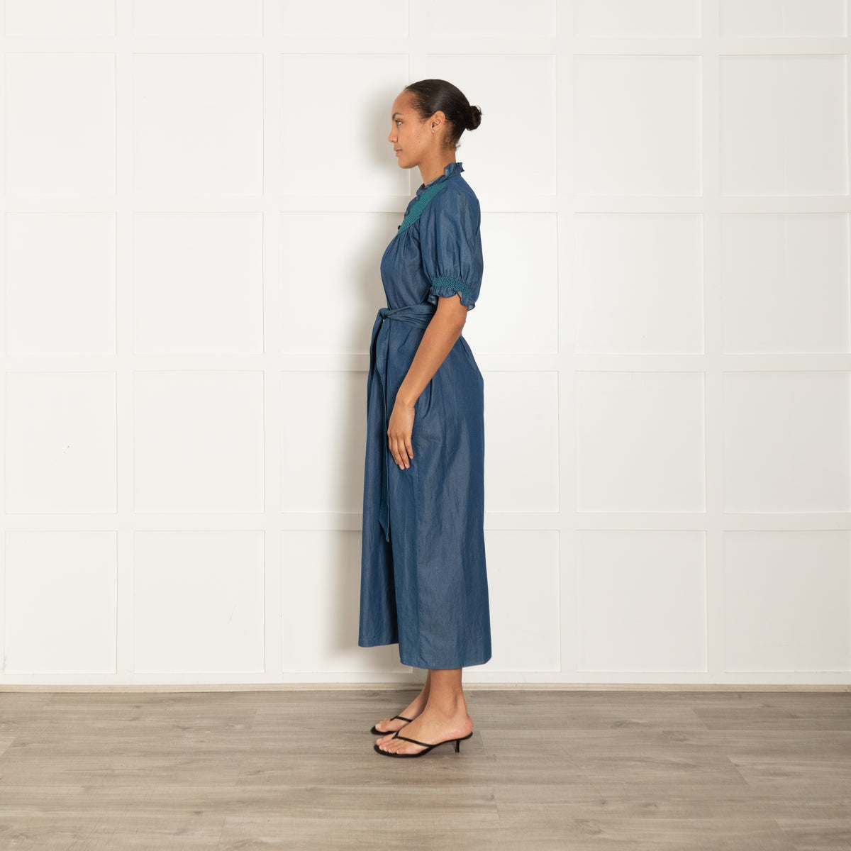 Loretta Caponi Denim Blue Turquoise Smocked Detail Belted Maxi Dress