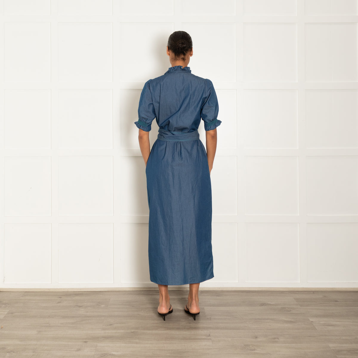 Loretta Caponi Denim Blue Turquoise Smocked Detail Belted Maxi Dress
