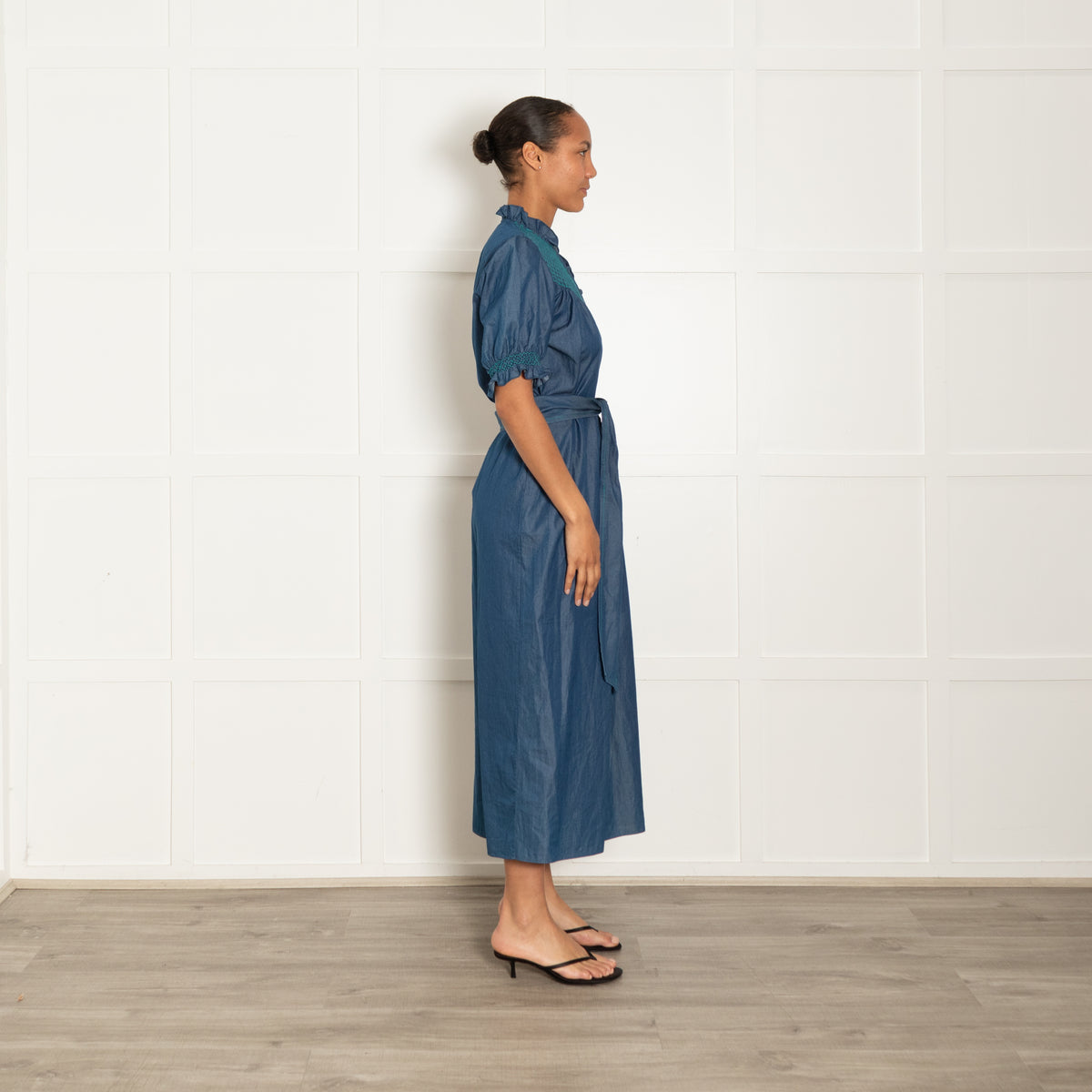 Loretta Caponi Denim Blue Turquoise Smocked Detail Belted Maxi Dress