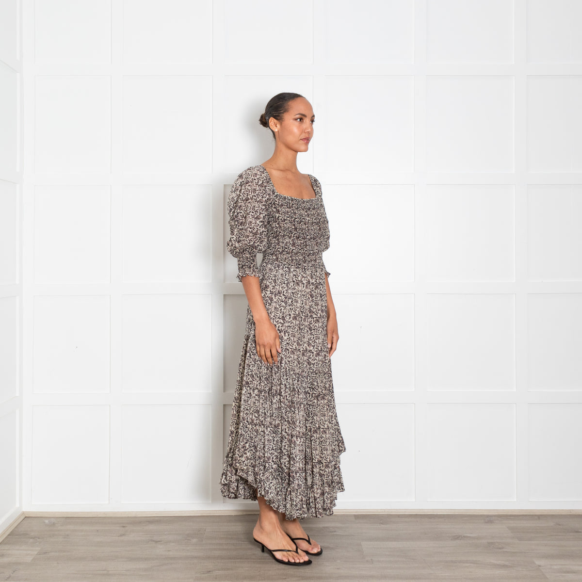 Masscob Beige Black Floral Print Shirred Bodice Dress UK 8