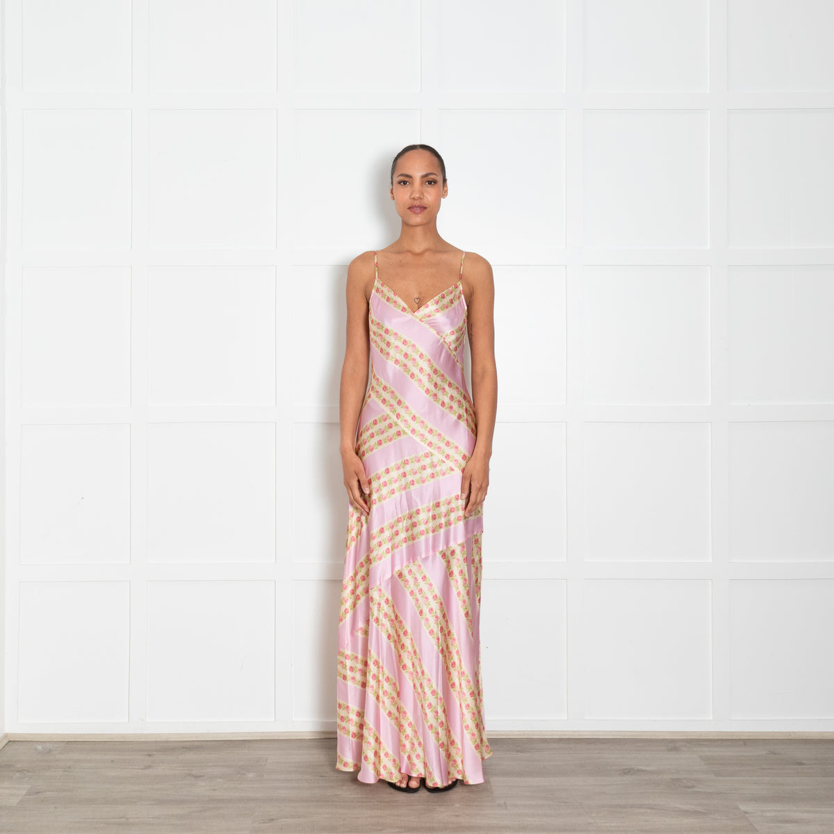 LoveShackFancy Pale Pink Rose Print Slip Maxi Dress