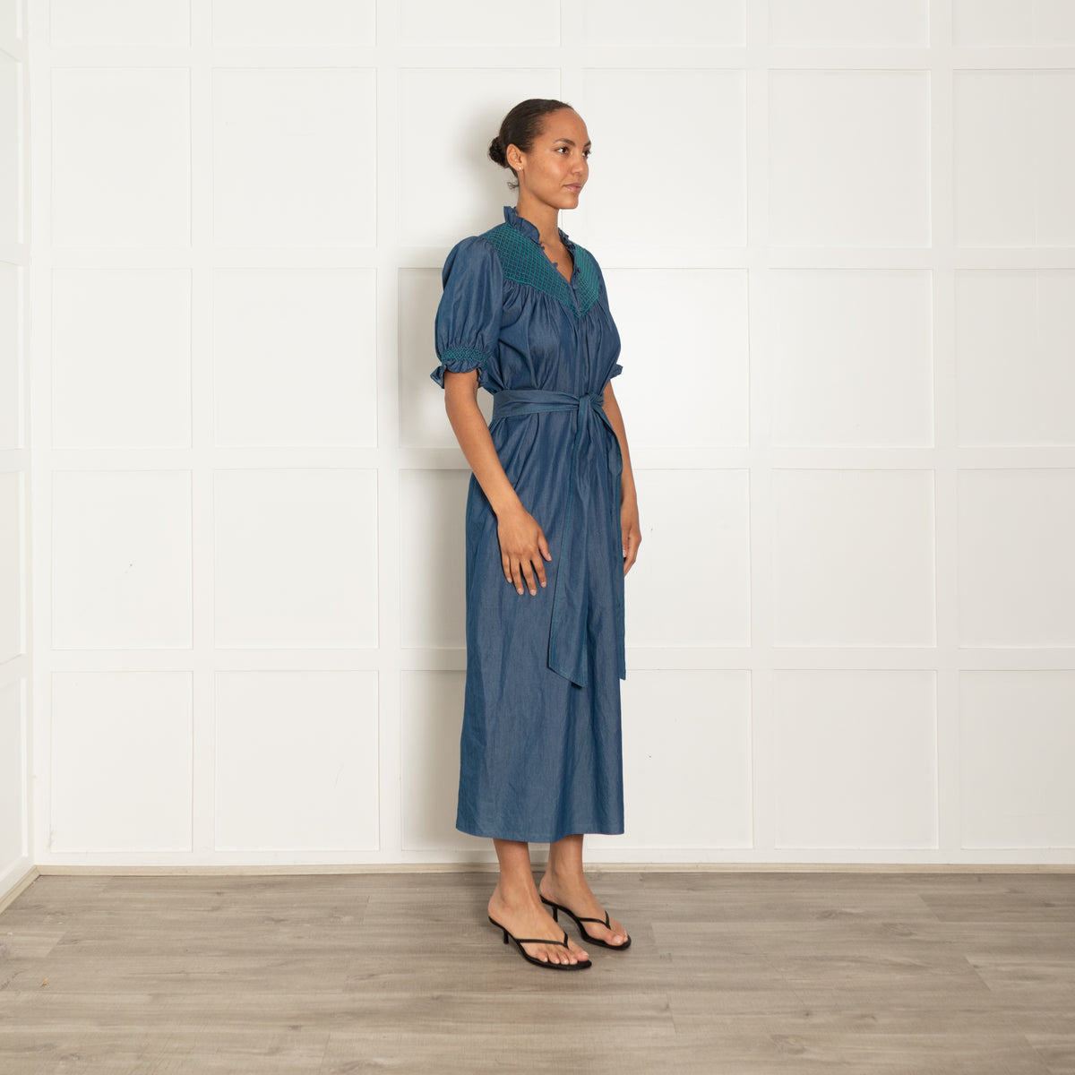 Loretta Caponi Denim Blue Turquoise Smocked Detail Belted Maxi Dress