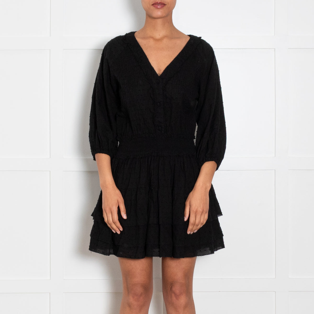Poupette St Barths Black Cotton Elasticated Waist Mini Dress