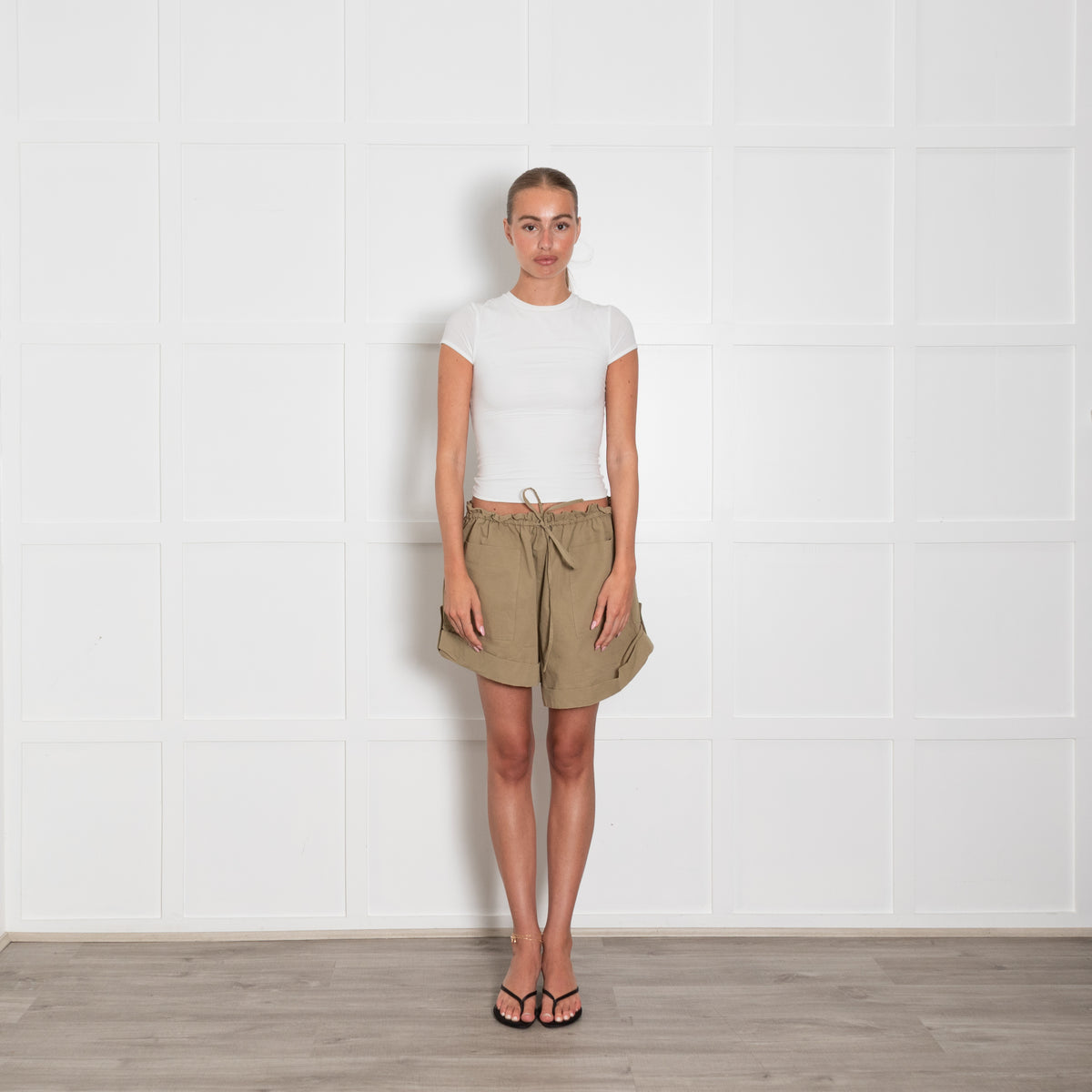 Raey Khaki Shorts With Drawstring Waist & Turn Ups With Buttons