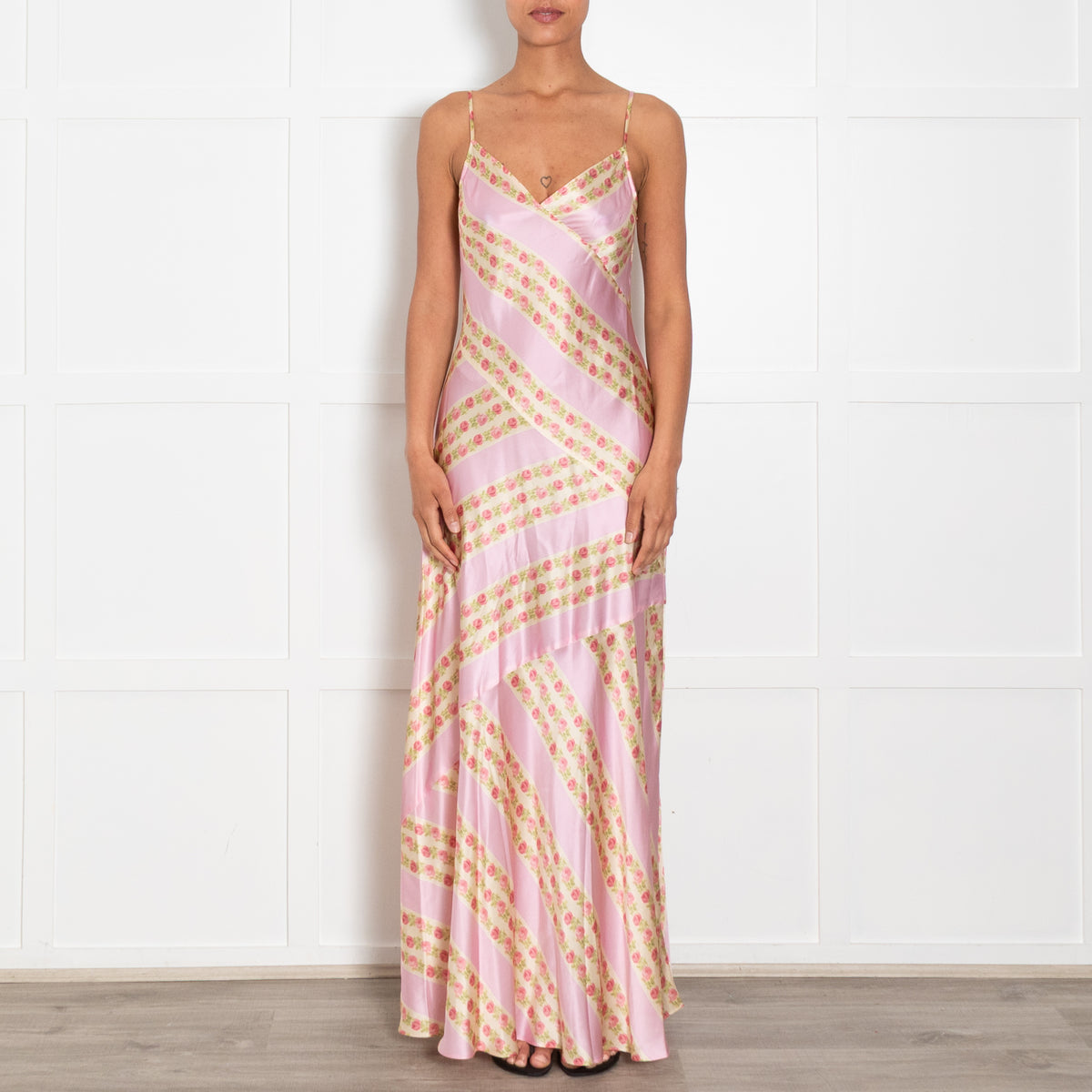 LoveShackFancy Pale Pink Rose Print Slip Maxi Dress