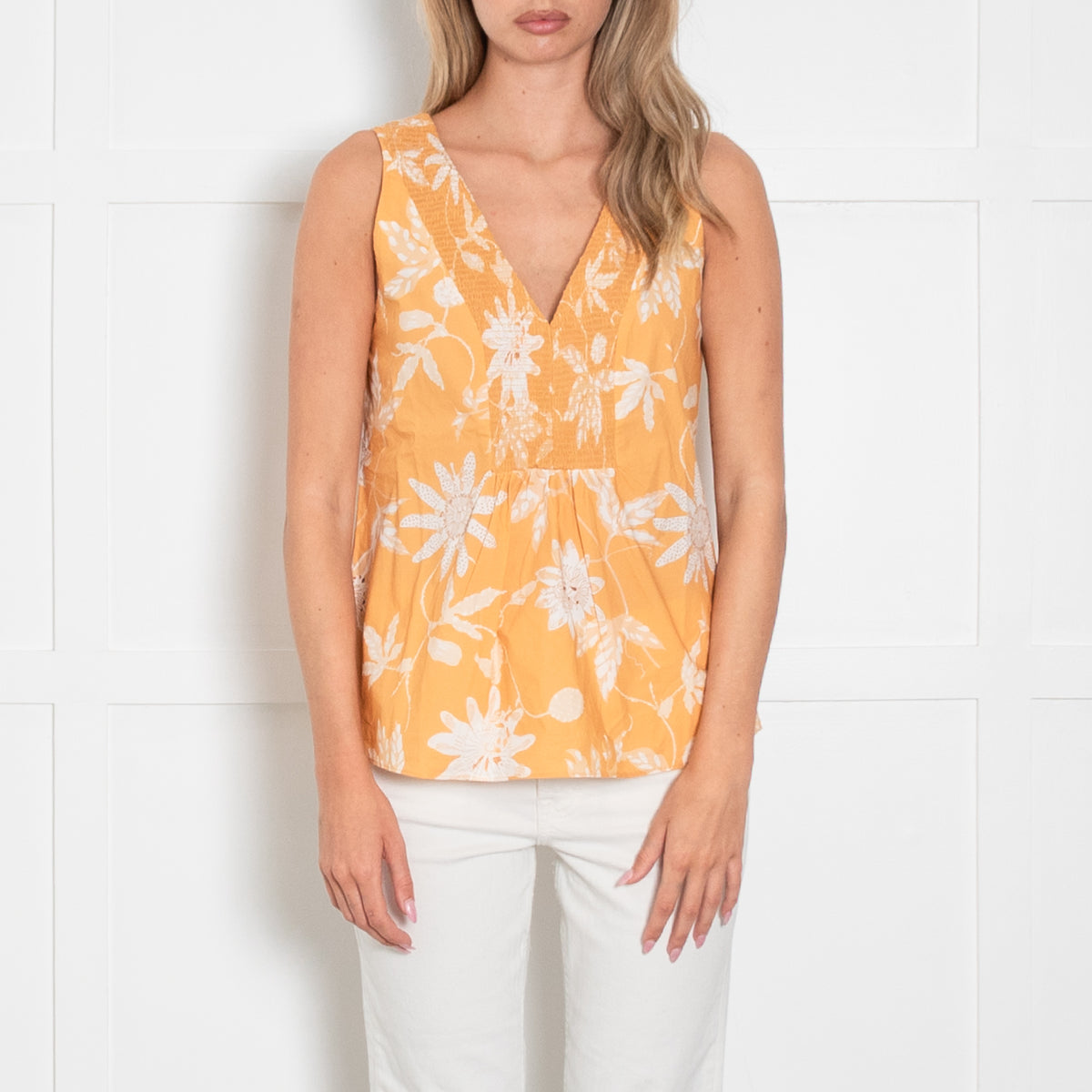 Dorothee Schumacher Shirred Bodice Yellow Floral Cotton Top