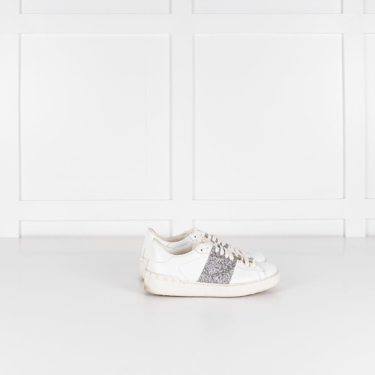 Valentino Garavani White Leather Silver Glitter Trainers