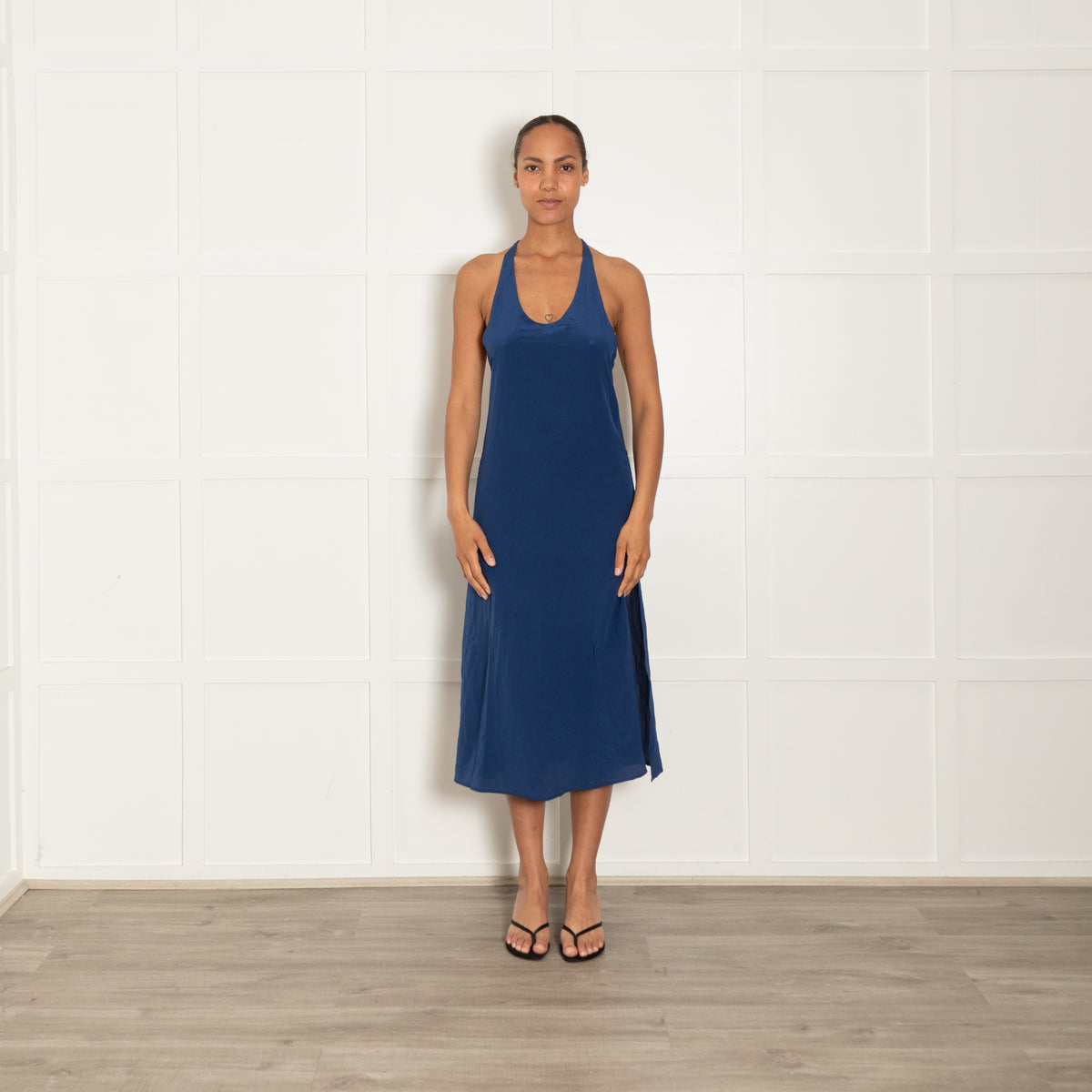 Sleeping With Jacques French Navy Blue Silk Strappy Shift Dress