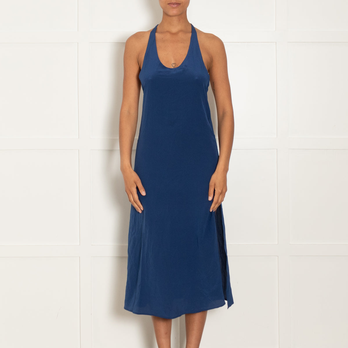 Sleeping With Jacques French Navy Blue Silk Strappy Shift Dress