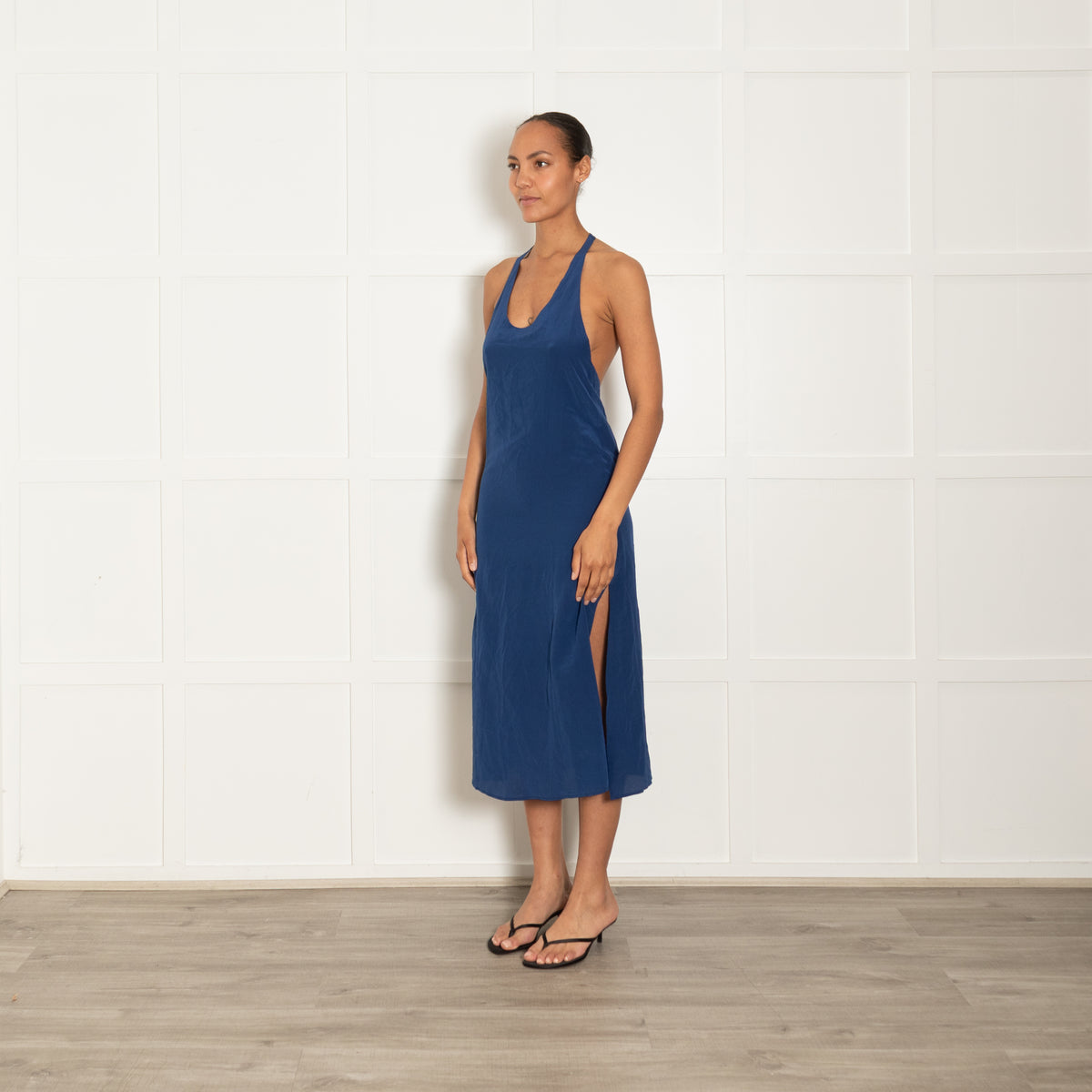 Sleeping With Jacques French Navy Blue Silk Strappy Shift Dress