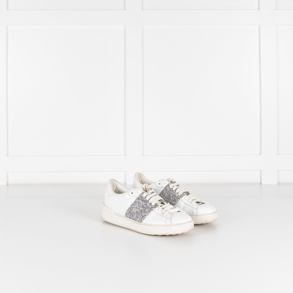Valentino Garavani White Leather Silver Glitter Trainers