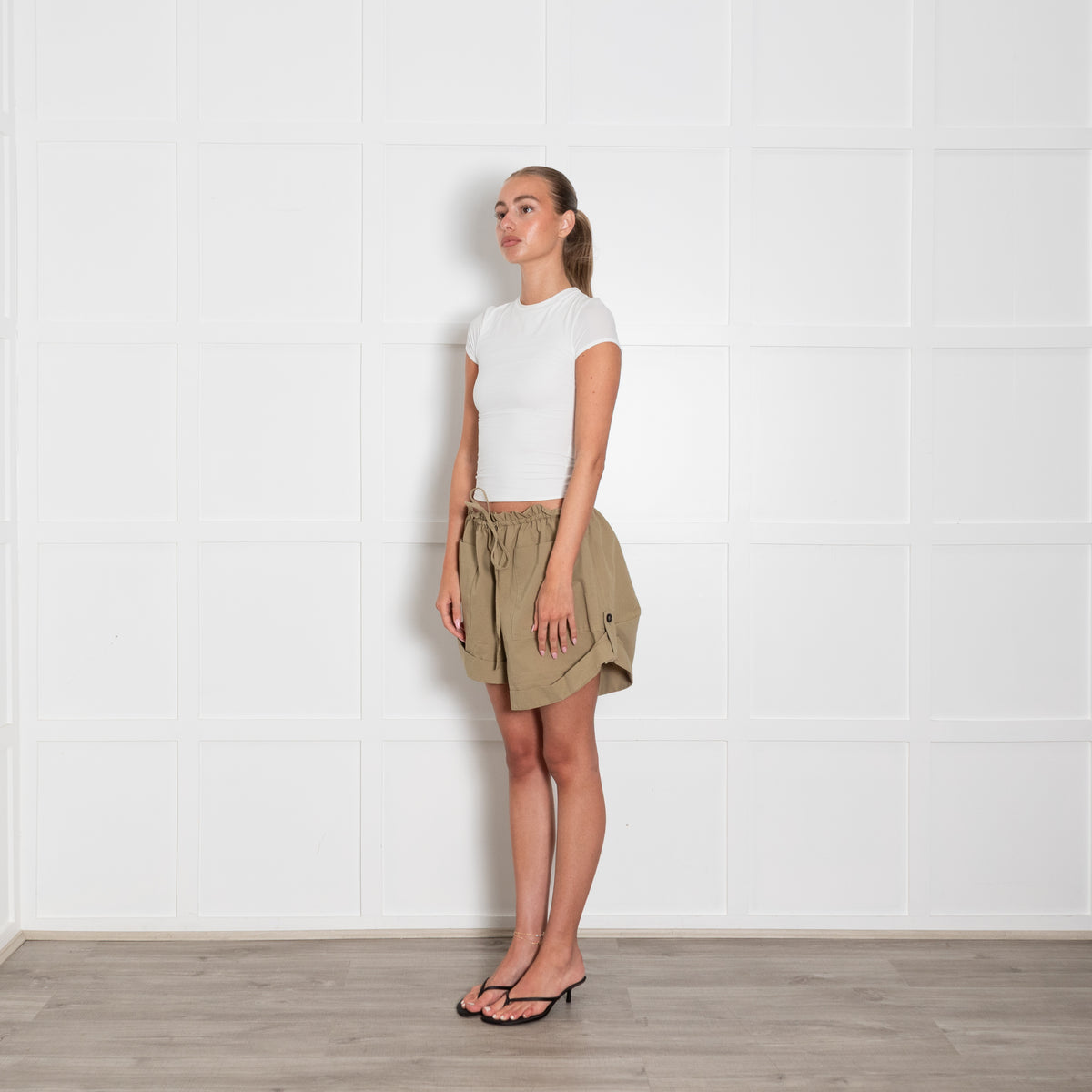 Raey Khaki Shorts With Drawstring Waist & Turn Ups With Buttons