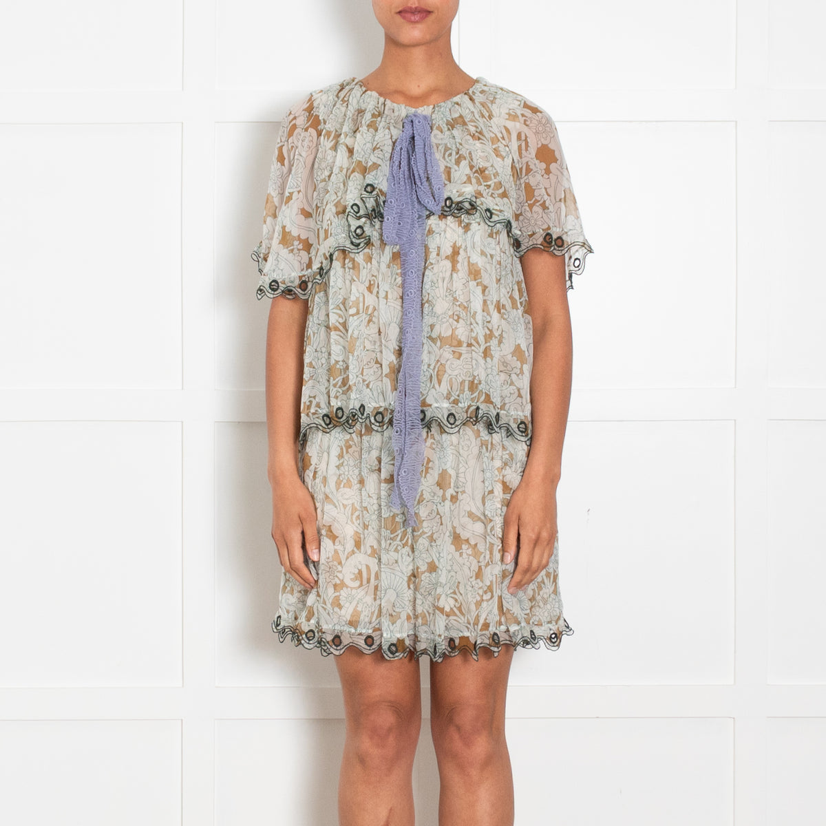 Chloe Beige Green Purple Bow Detail Tiered Mini Dress
