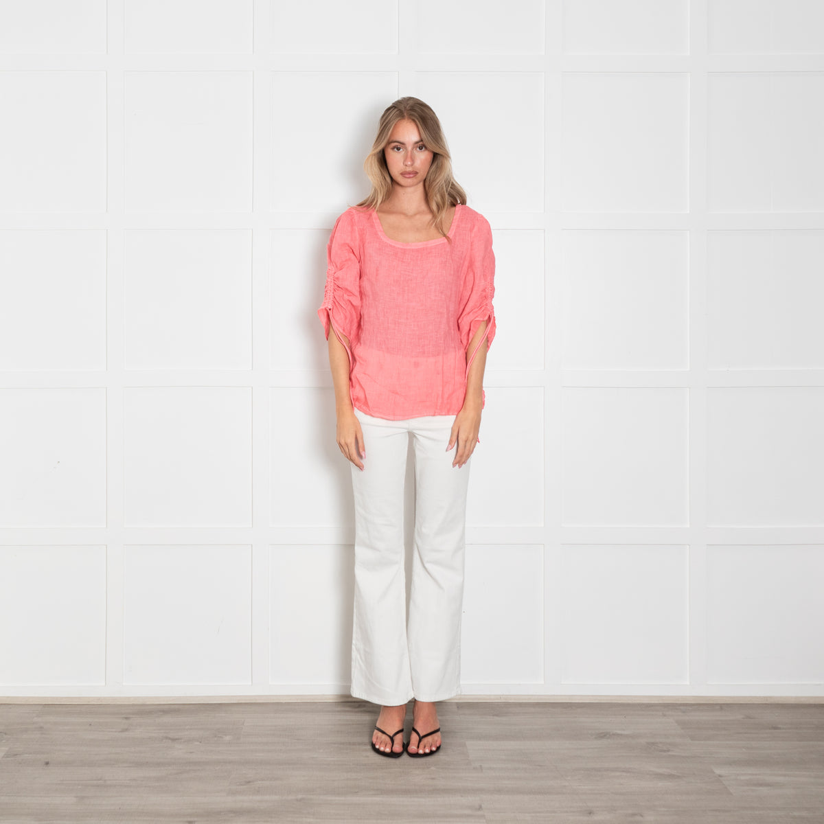 120% Lino Coral Pink Ruched Sleeve Top
