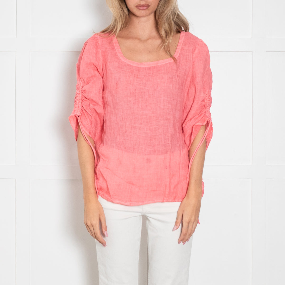 120% Lino Coral Pink Ruched Sleeve Top
