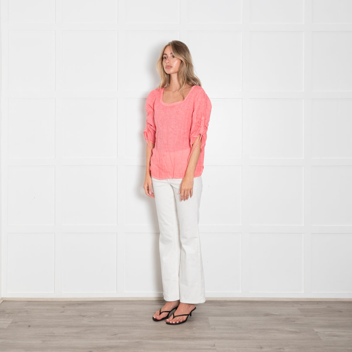 120% Lino Coral Pink Ruched Sleeve Top