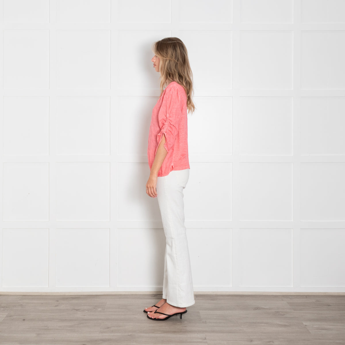 120% Lino Coral Pink Ruched Sleeve Top