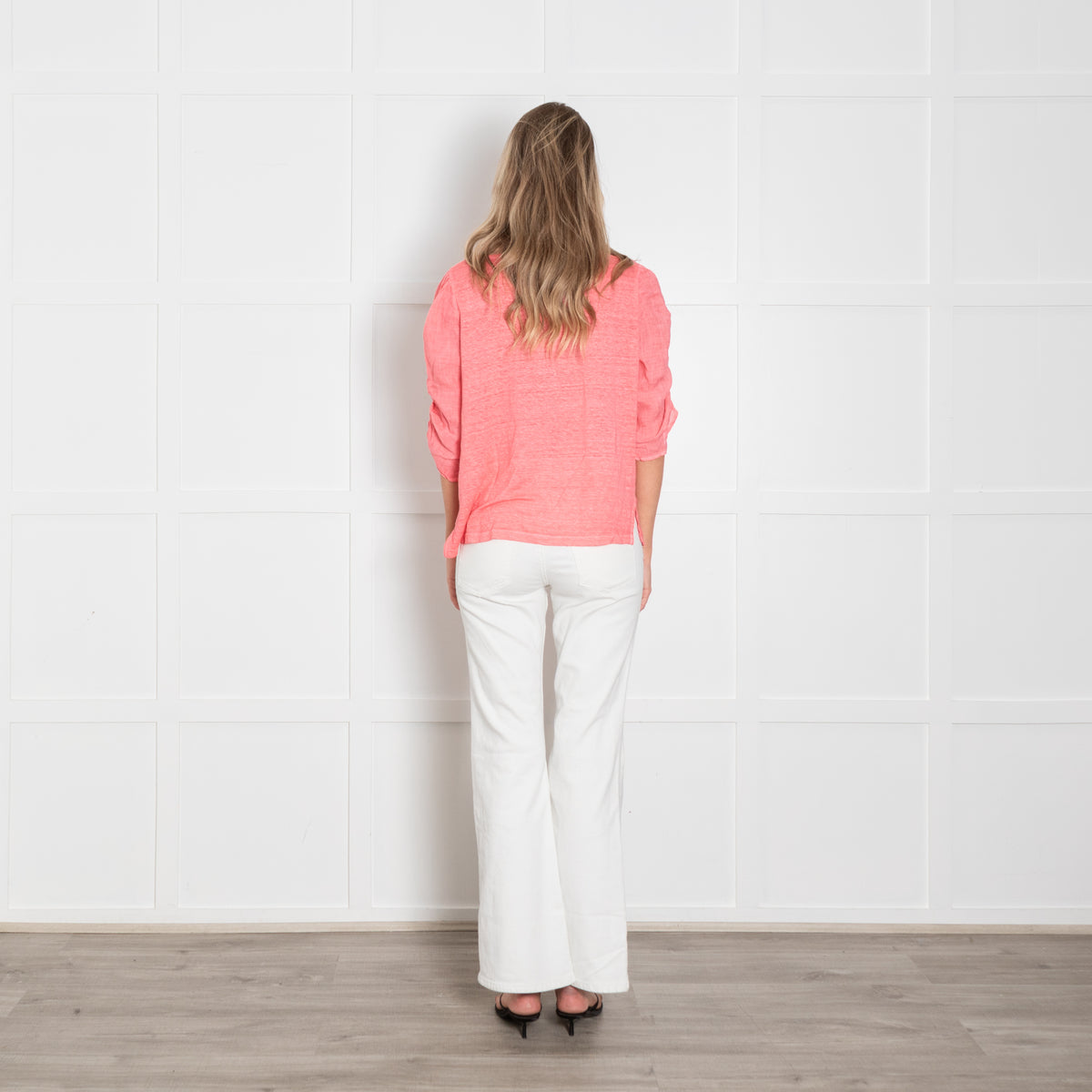 120% Lino Coral Pink Ruched Sleeve Top