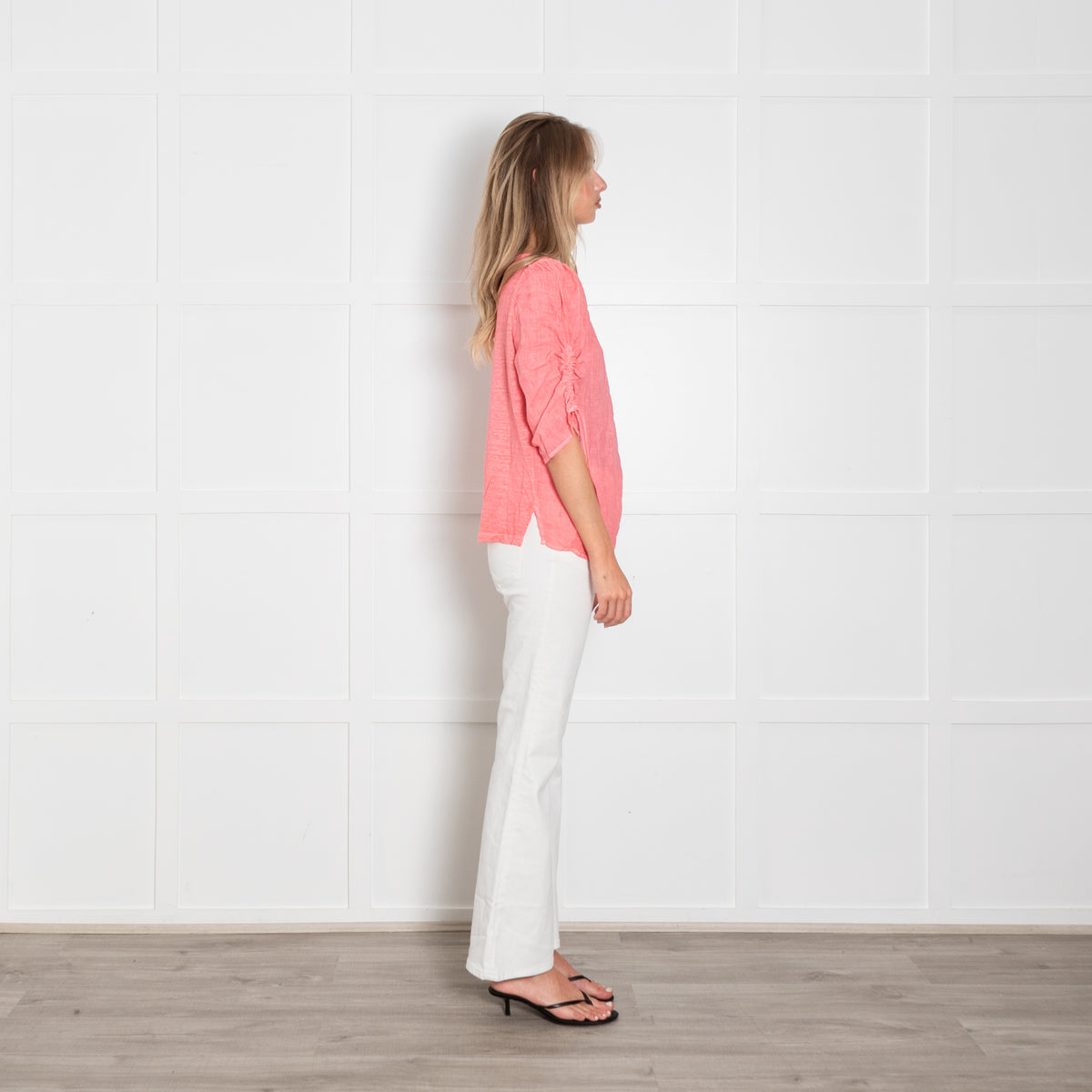 120% Lino Coral Pink Ruched Sleeve Top