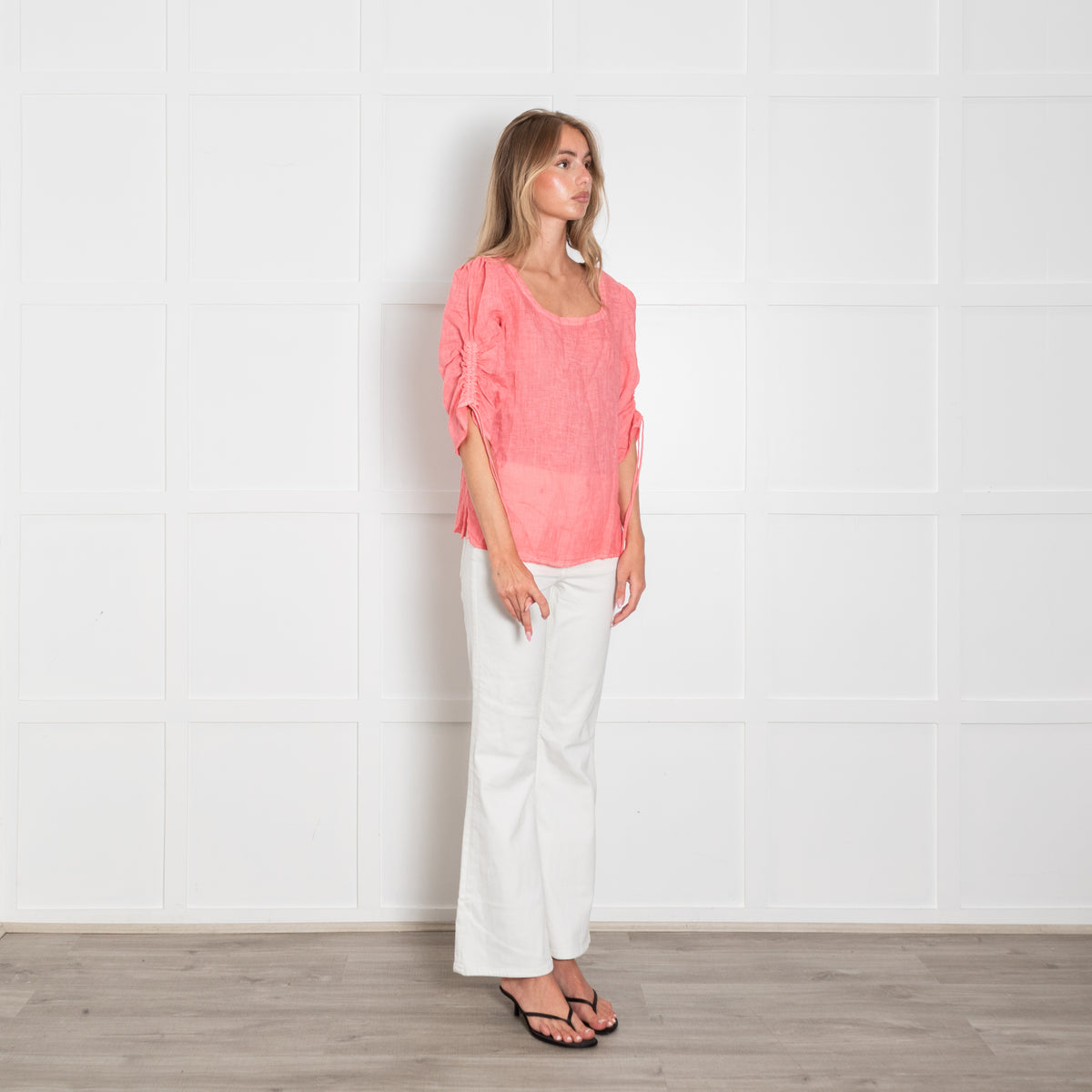 120% Lino Coral Pink Ruched Sleeve Top