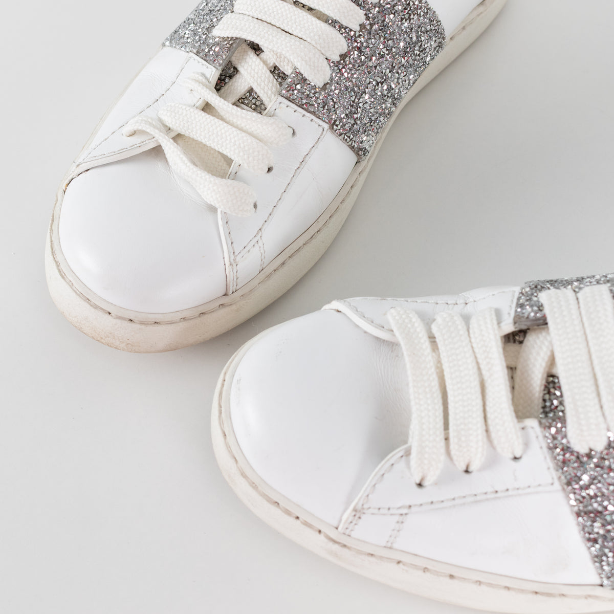 Valentino Garavani White Leather Silver Glitter Trainers