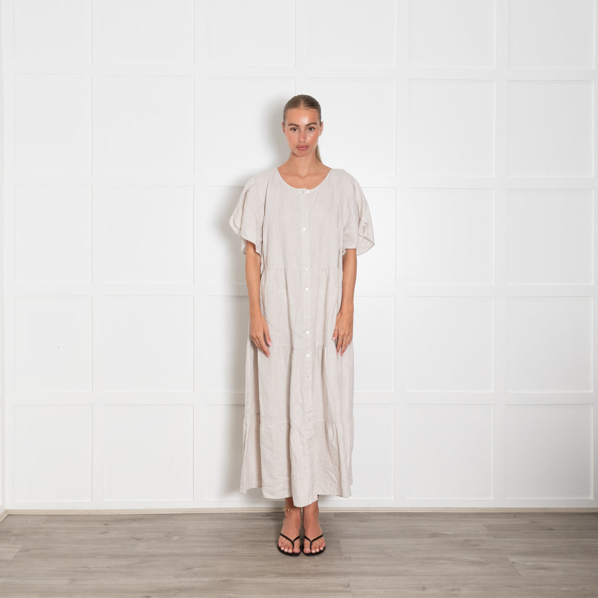 Commonry Beige Linen Tiered Long Dress