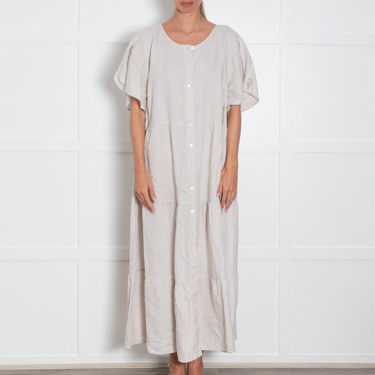 Commonry Beige Linen Tiered Long Dress