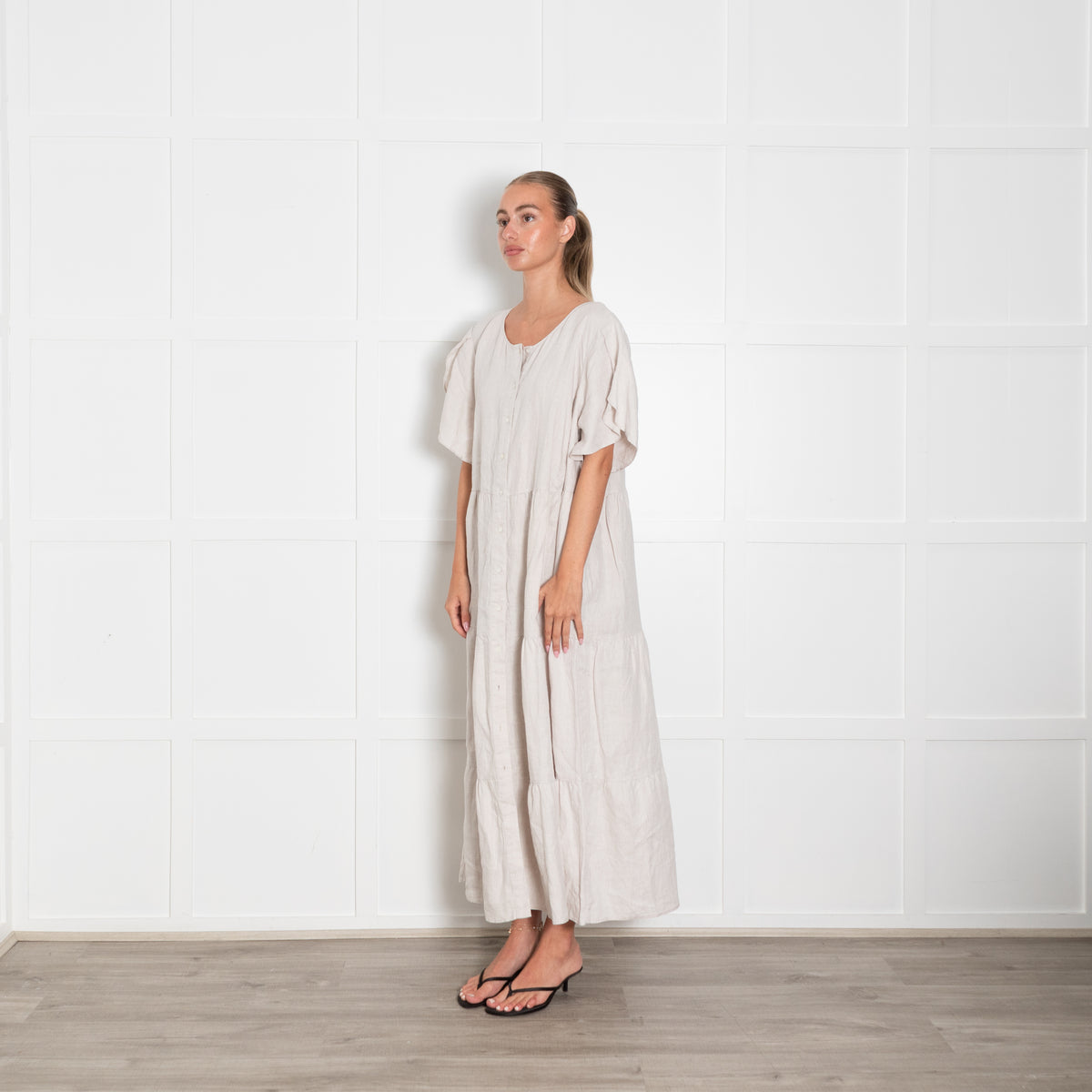 Commonry Beige Linen Tiered Long Dress