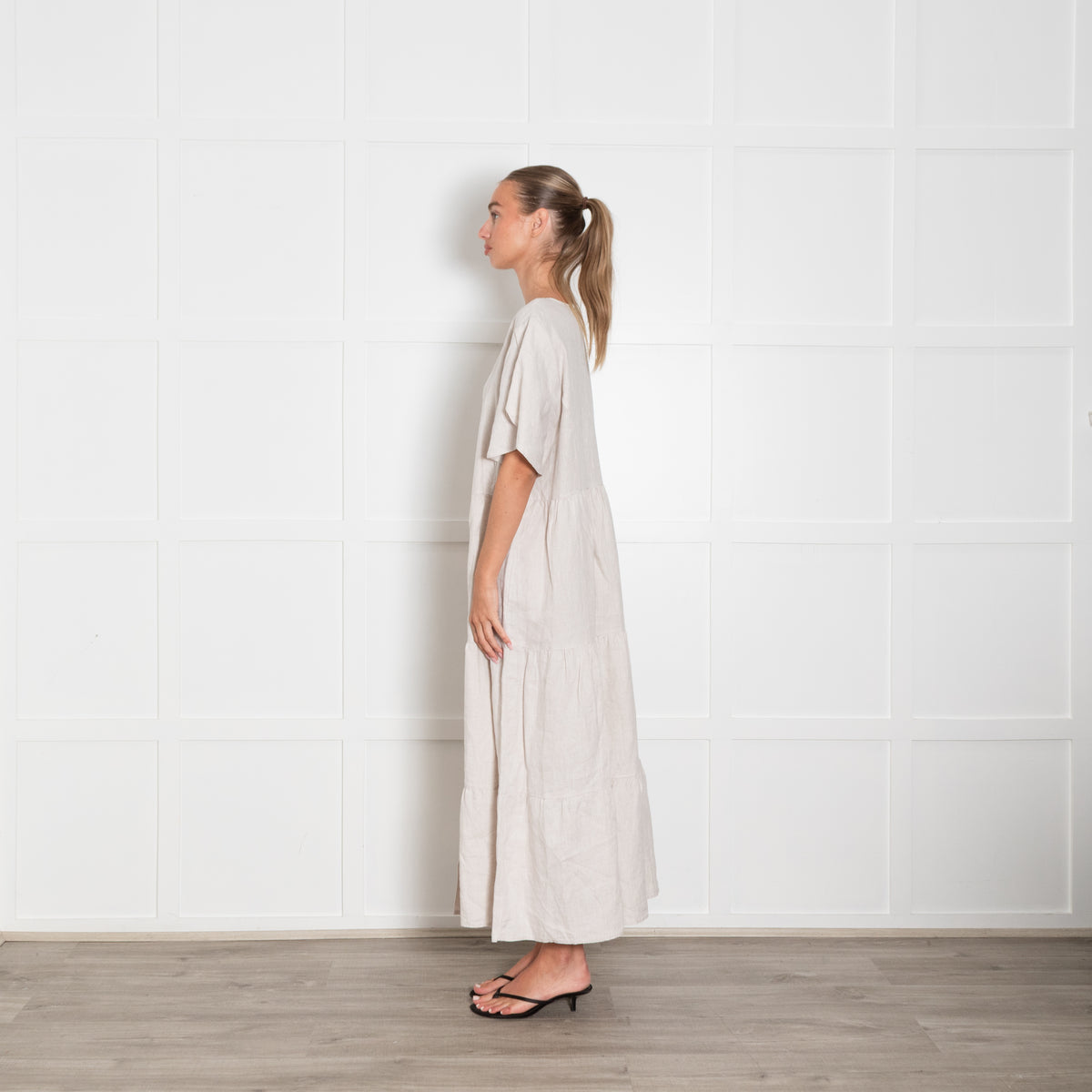 Commonry Beige Linen Tiered Long Dress