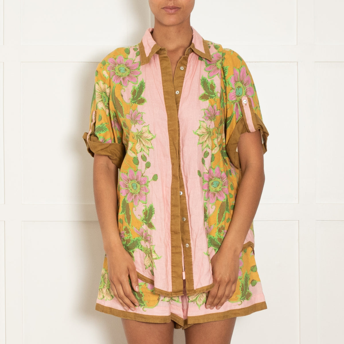 Alemais Orange Winnie Tab-Sleeve Linen Floral Shirt