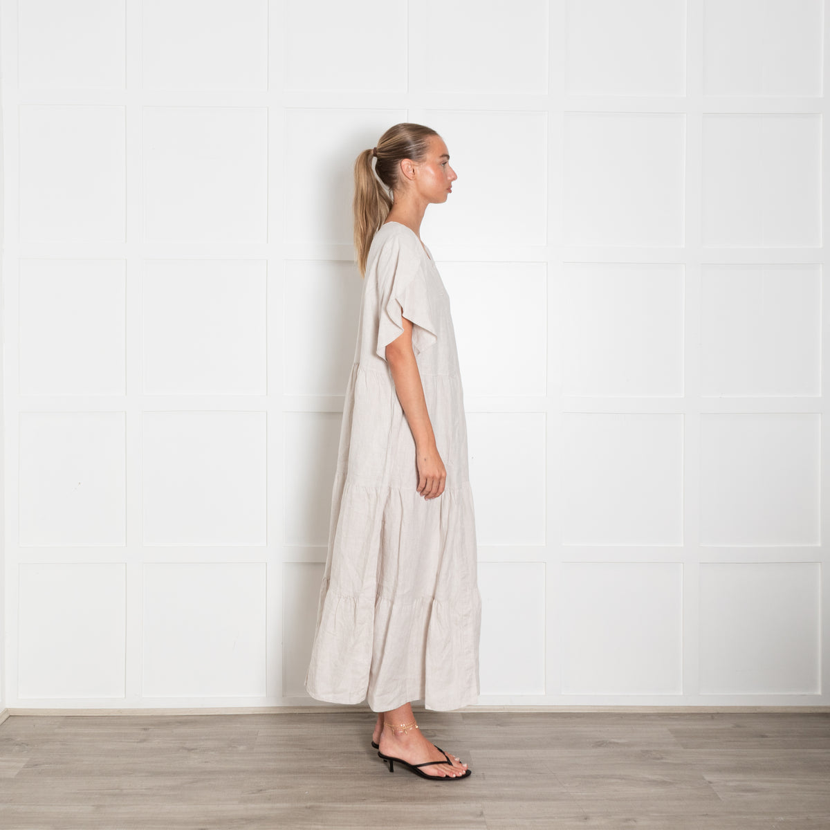 Commonry Beige Linen Tiered Long Dress