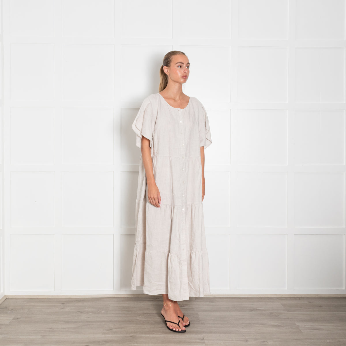 Commonry Beige Linen Tiered Long Dress