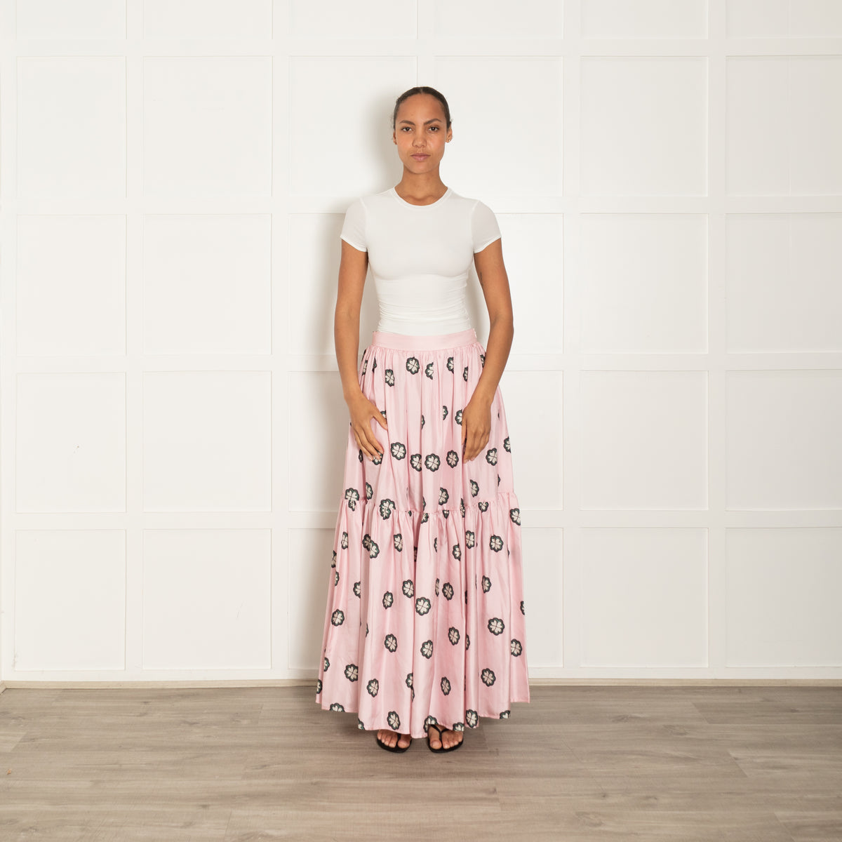 Lisou Pink Green Floral Silk Maxi Skirt