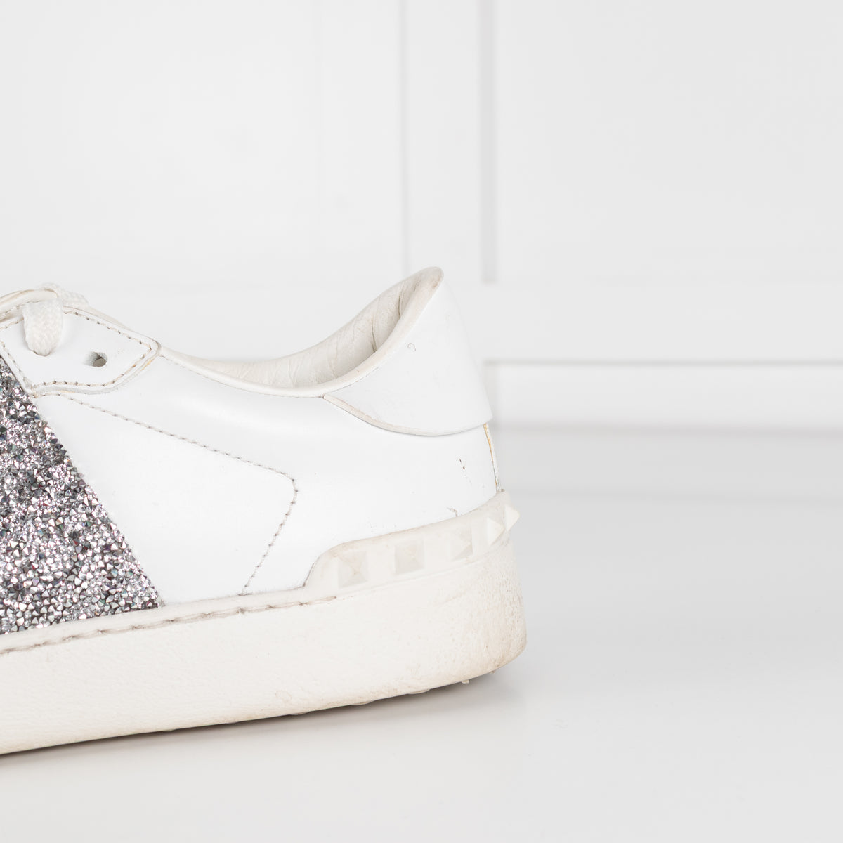 Valentino Garavani White Leather Silver Glitter Trainers