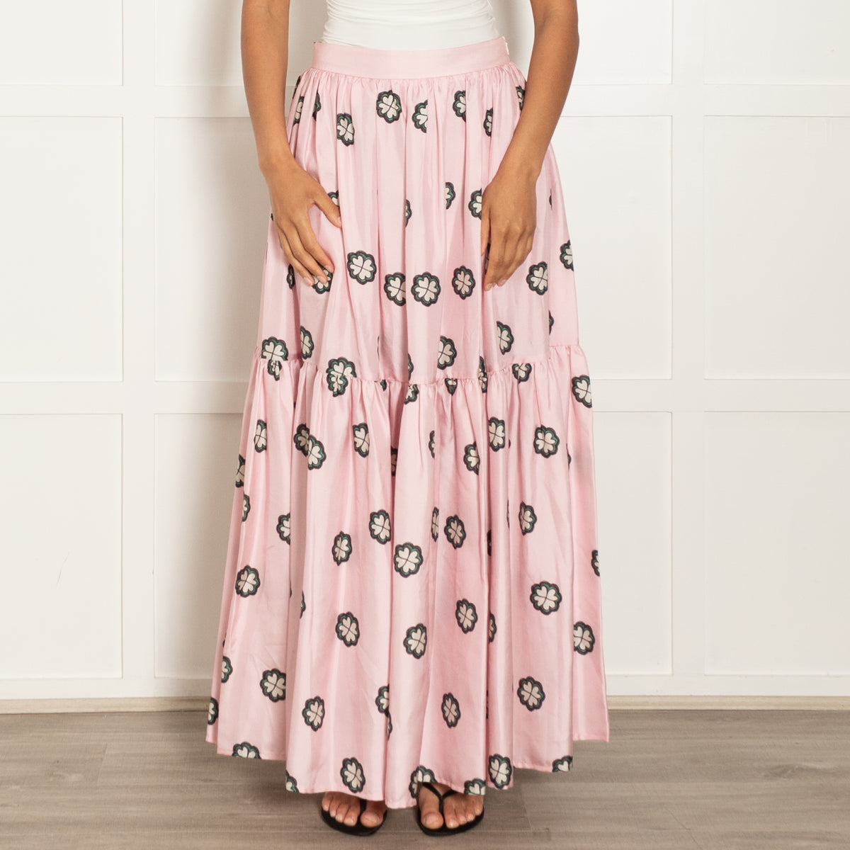 Lisou Pink Green Floral Silk Maxi Skirt