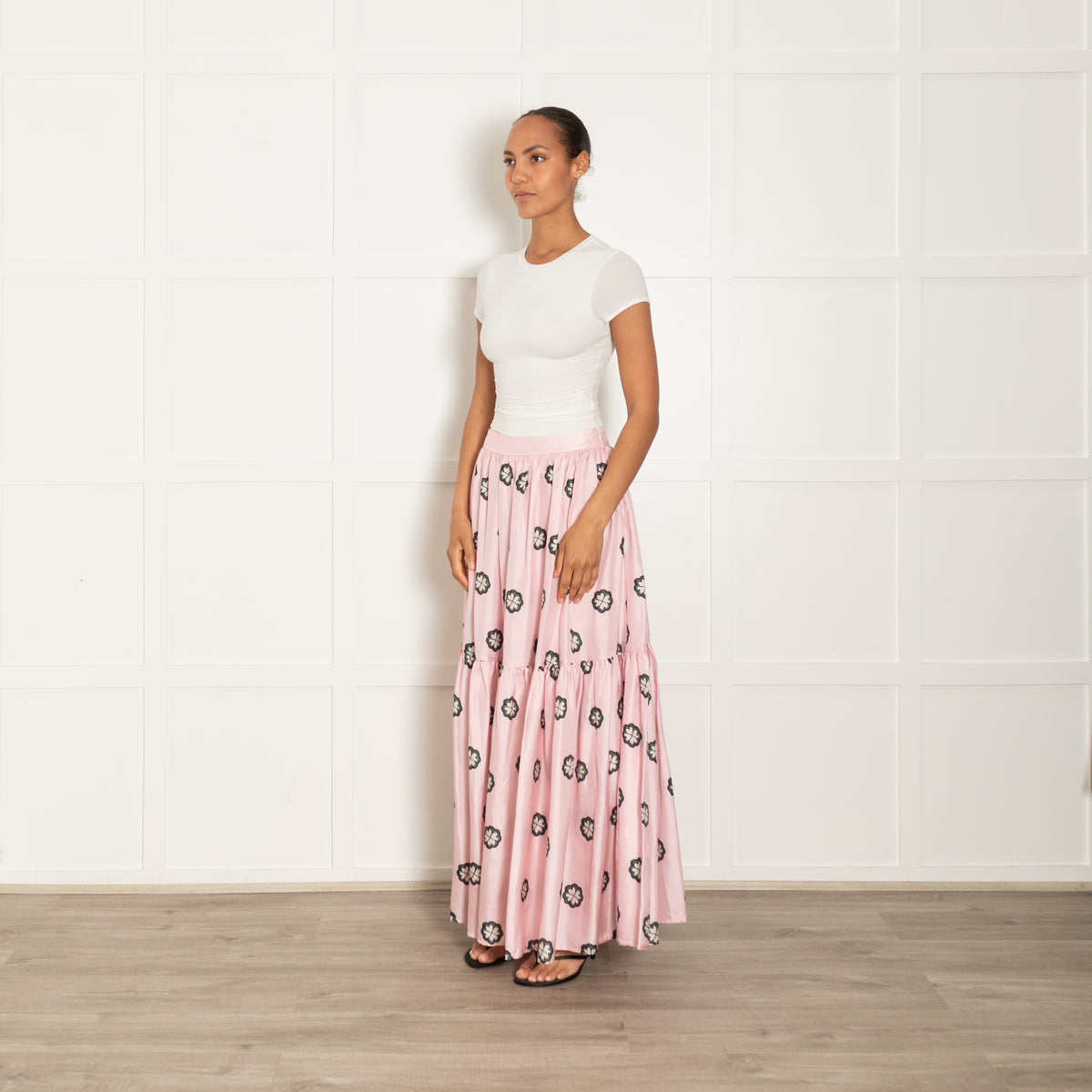 Lisou Pink Green Floral Silk Maxi Skirt