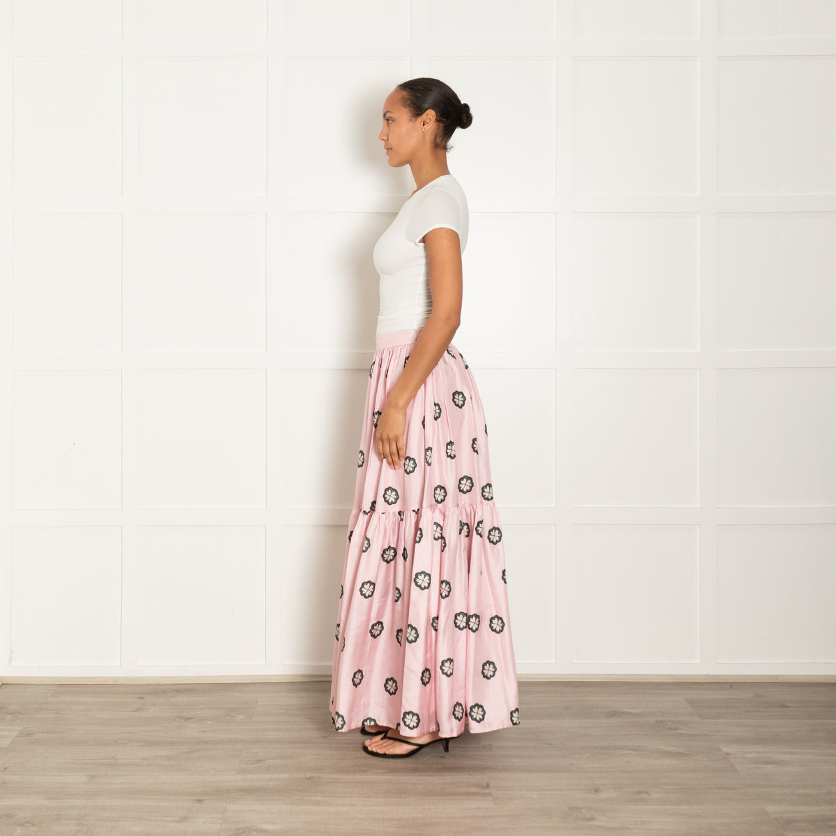Lisou Pink Green Floral Silk Maxi Skirt