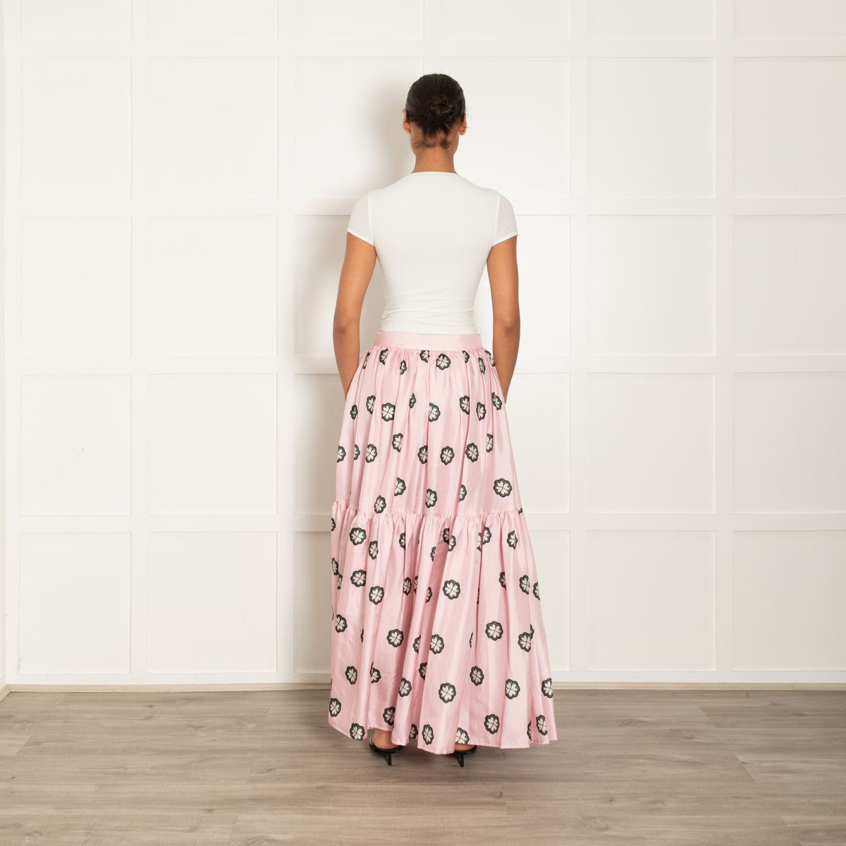 Lisou Pink Green Floral Silk Maxi Skirt