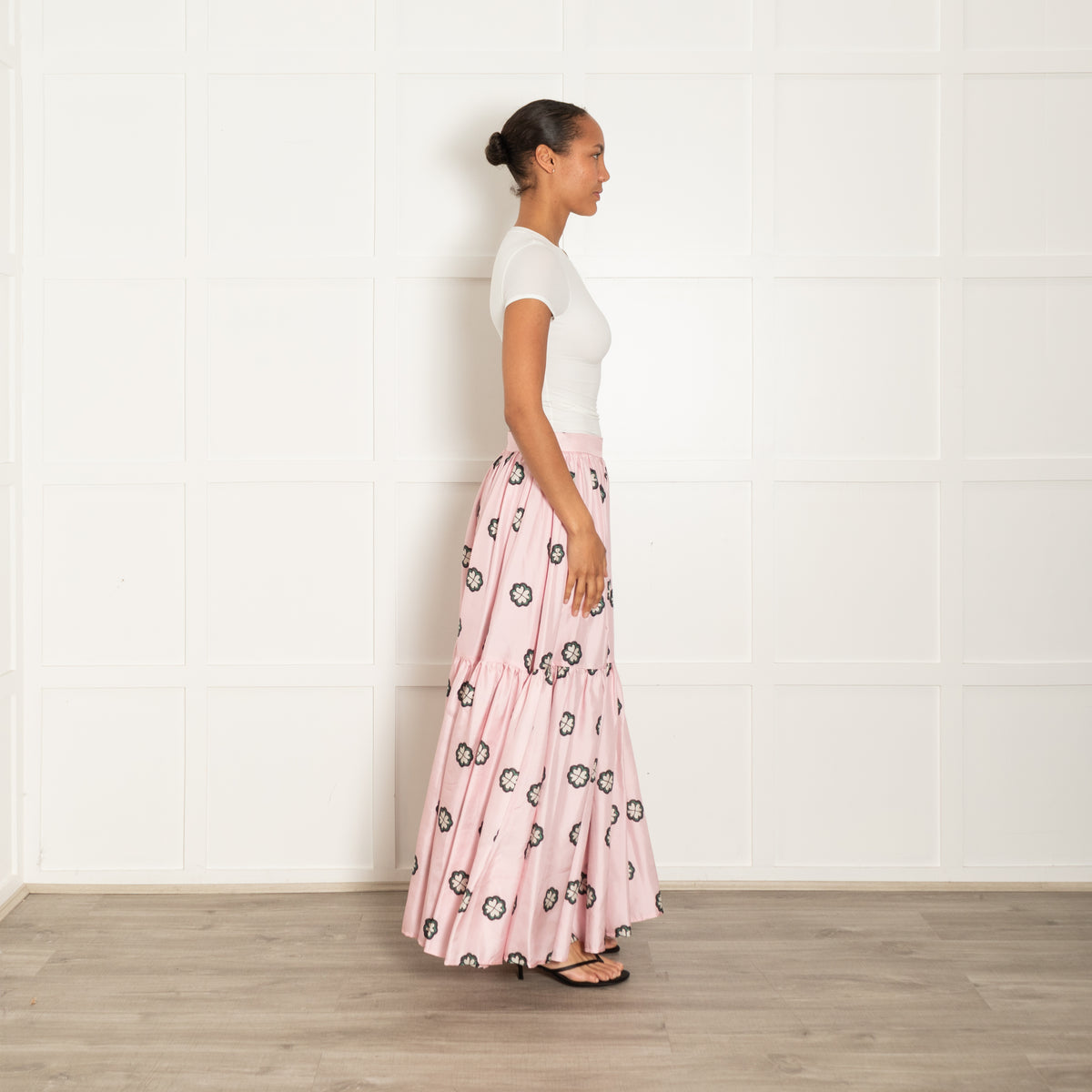Lisou Pink Green Floral Silk Maxi Skirt