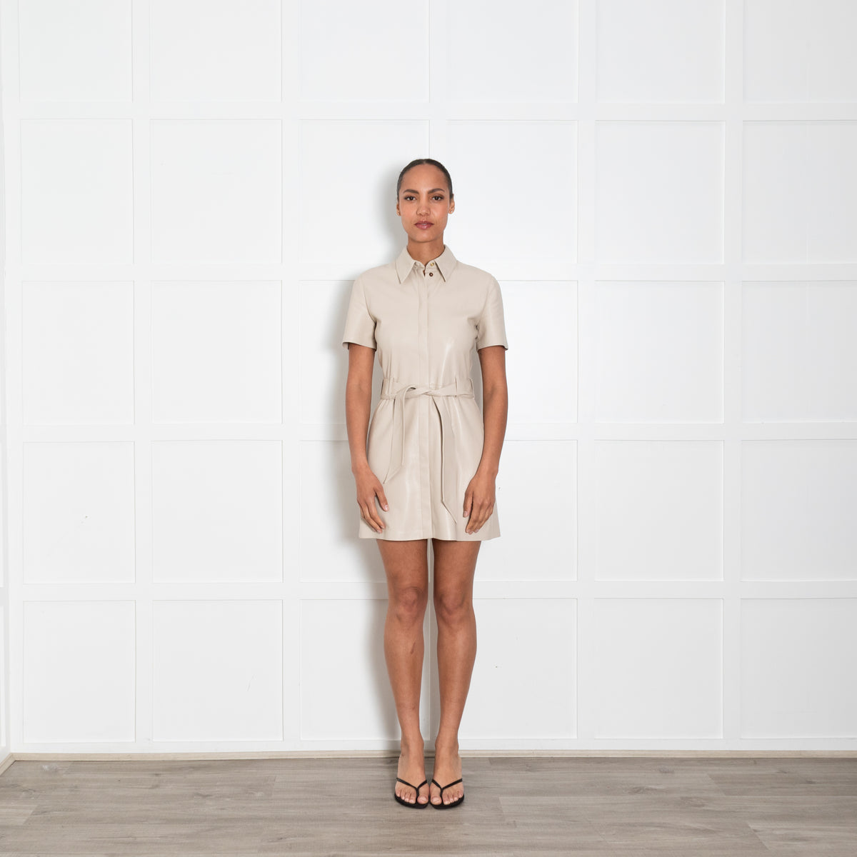 Nanushka Beige Vegan Leather Belted Button Up Mini Dress
