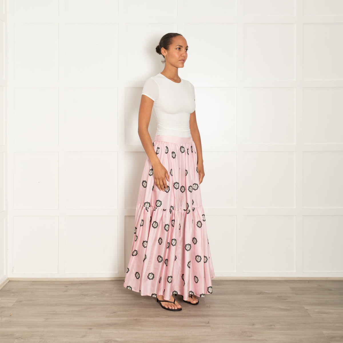 Lisou Pink Green Floral Silk Maxi Skirt