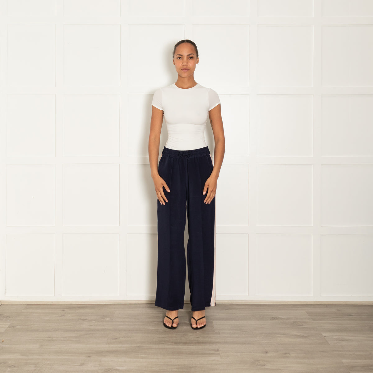 Serena Bute Navy Silk Track Pants with Pink Stripe