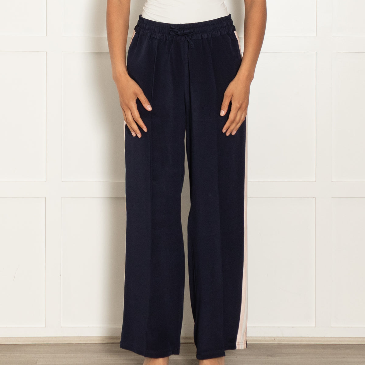 Serena Bute Navy Silk Track Pants with Pink Stripe