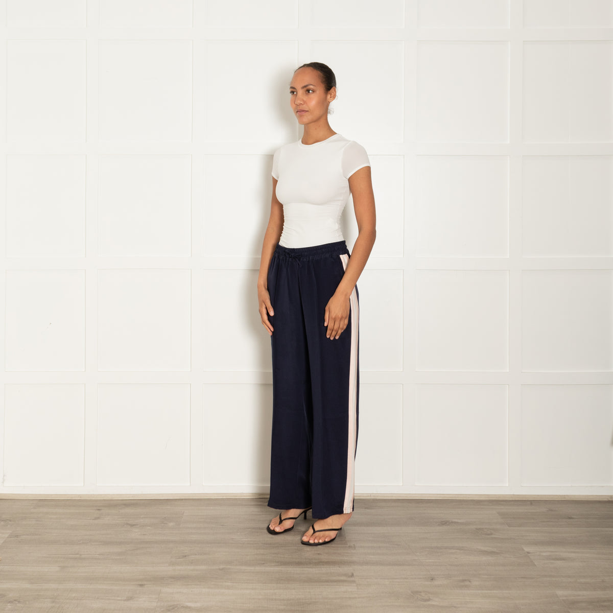 Serena Bute Navy Silk Track Pants with Pink Stripe