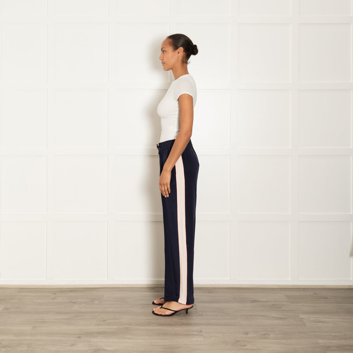 Serena Bute Navy Silk Track Pants with Pink Stripe
