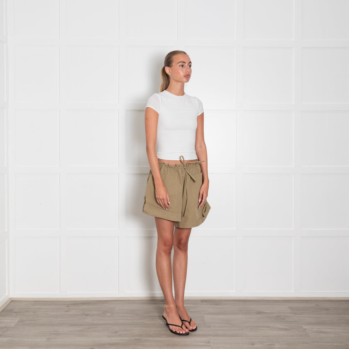 Raey Khaki Shorts With Drawstring Waist & Turn Ups With Buttons