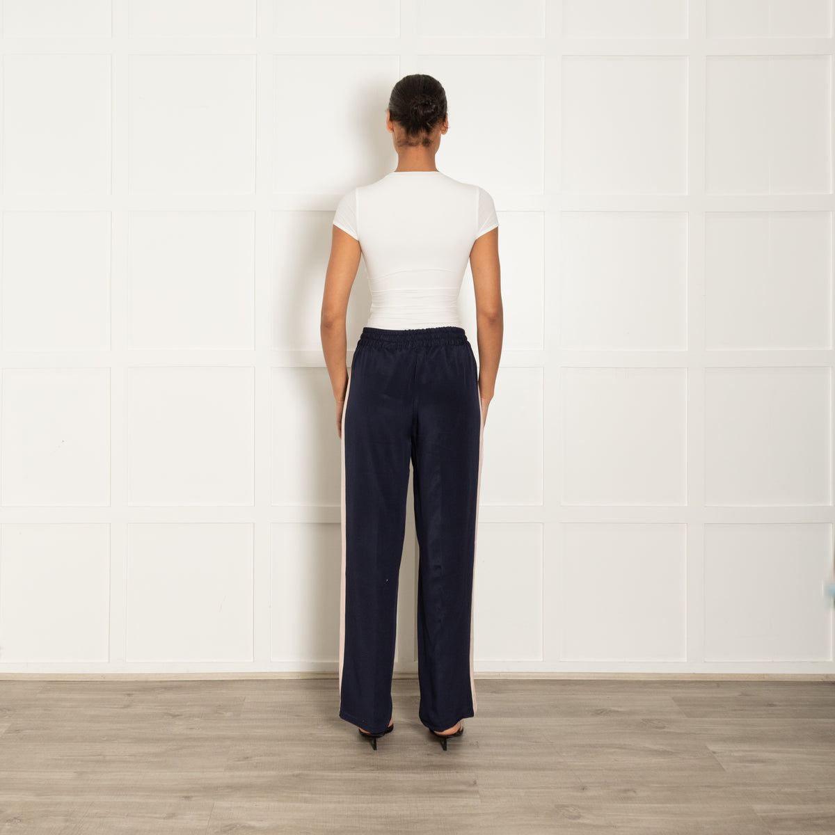 Serena Bute Navy Silk Track Pants with Pink Stripe